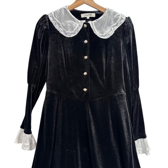 Simple Retro Black Velvet Dress White Lace Peter Pan Collar Wednesday Midi Med - Picture 4 of 12